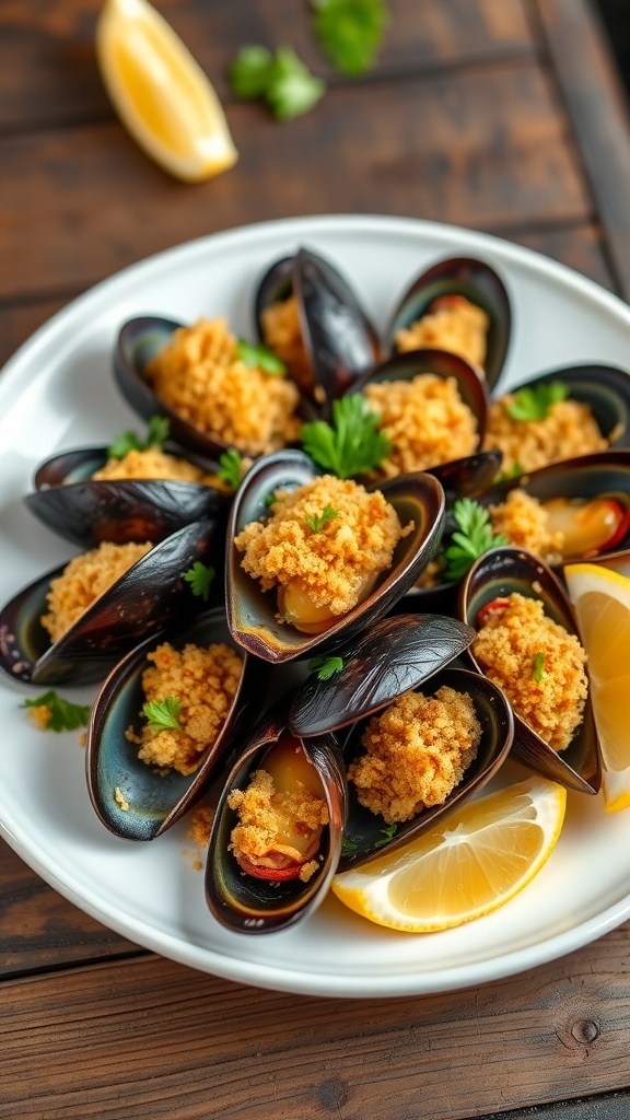 Air Fryer Baked Mussels Recipe A delicious plate of baked mussels topped with breadcrumbs and parsley, served with lemon wedges.